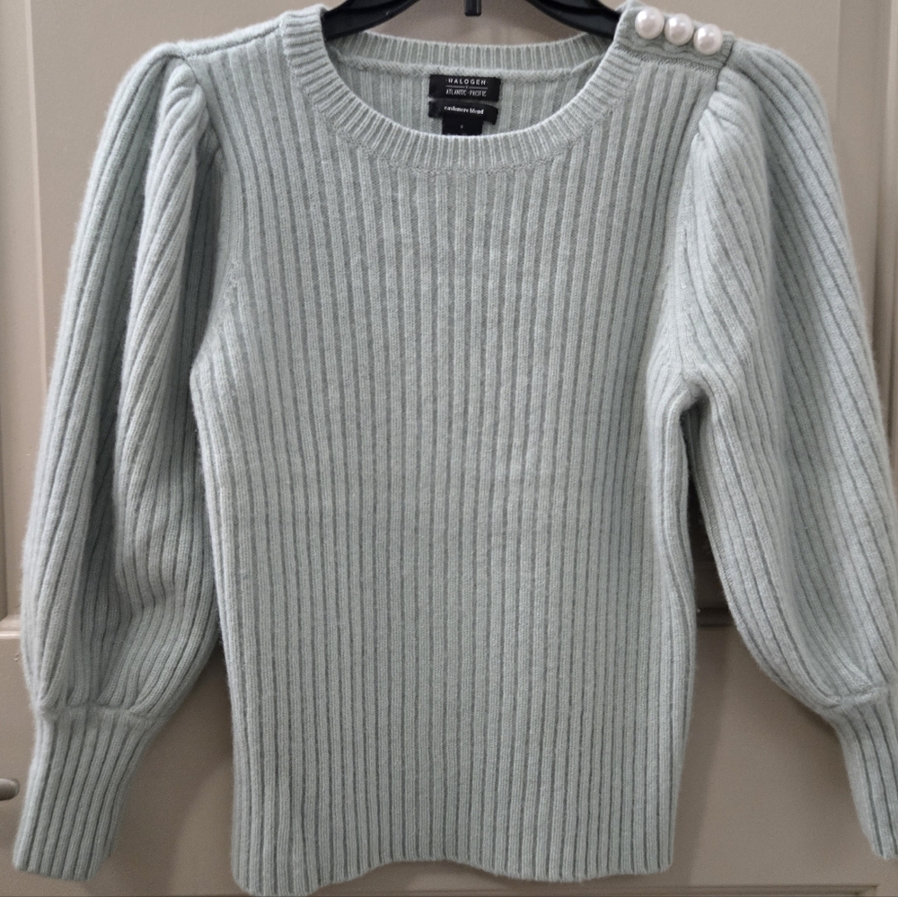 Halogen Mint Puff-Sleeve Sweater with Pearl Embellishment